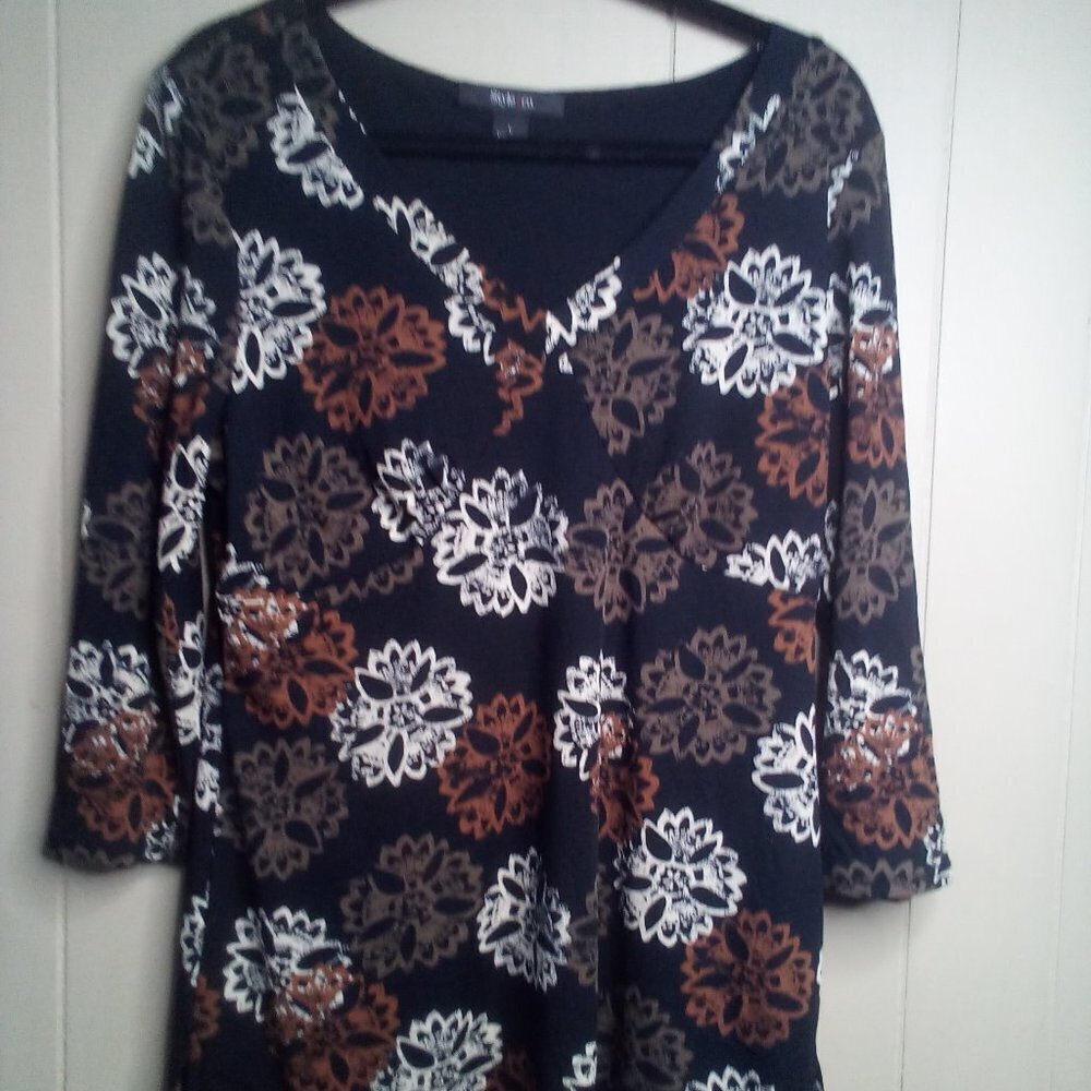 Style & Co Blouse L 3/4 Sleeve V-Neck Black Brown White